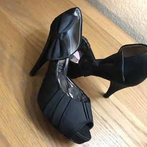 Black silk open toe heels